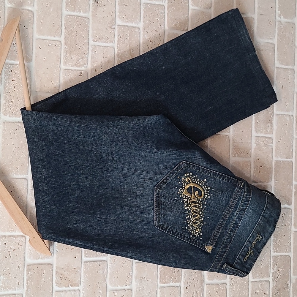 Guess Women's Blue Denim Low Rise Embroidery Flared Jeans (Sz 30)